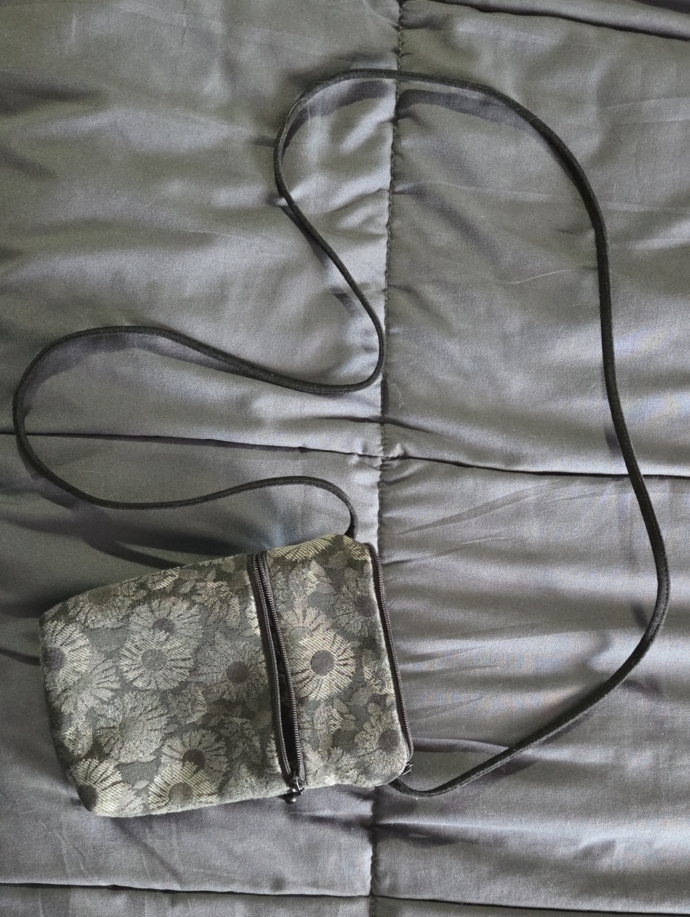 Floral Gray Crossbody Bag with Front Zip Pocket